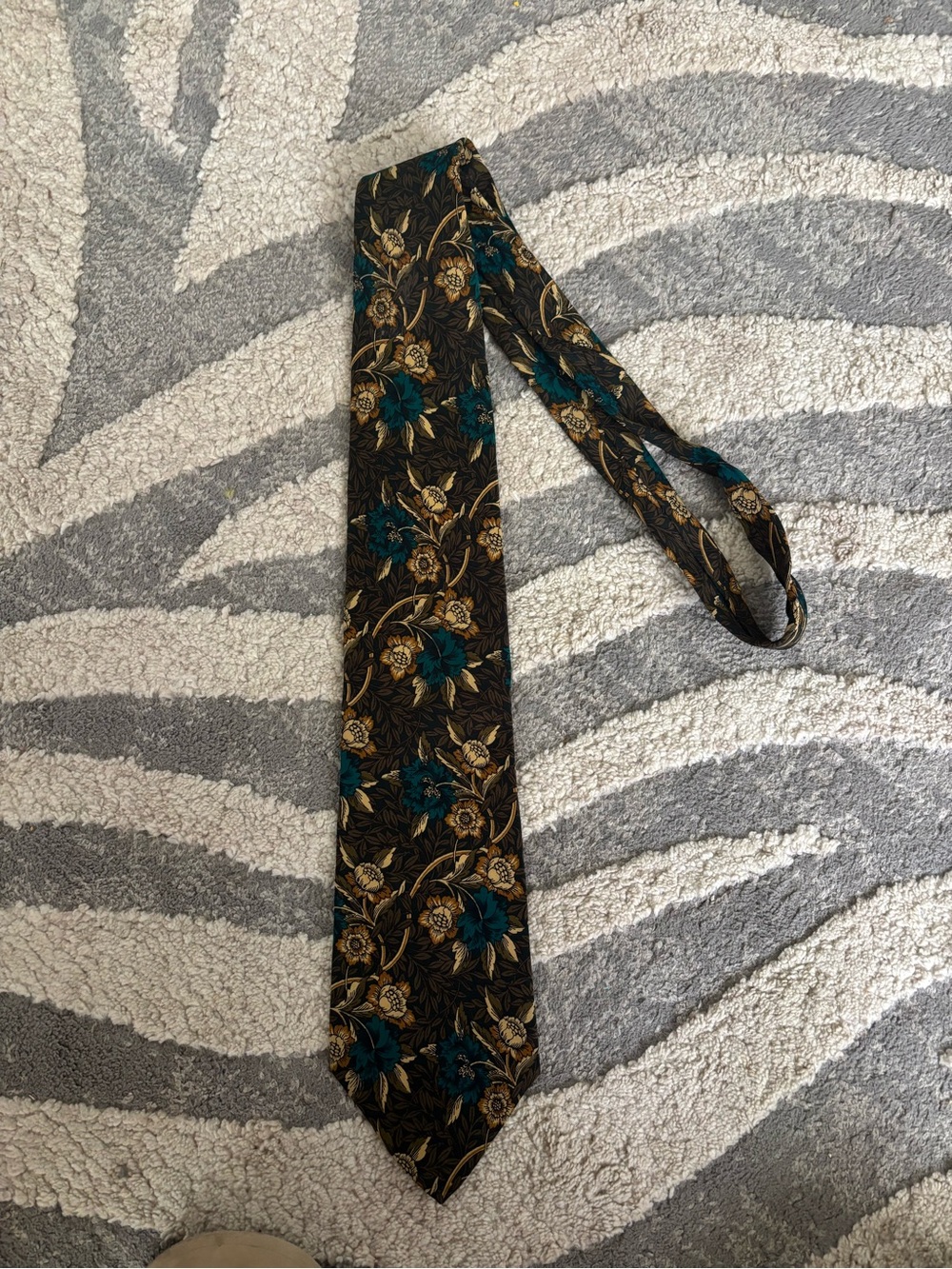 Dior Men's Floral Silk Tie in Teal and Gold on brown